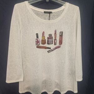 Max Jeans Women’s Embellished Top M New White Sparkle Rhinestone Cosmetic Print